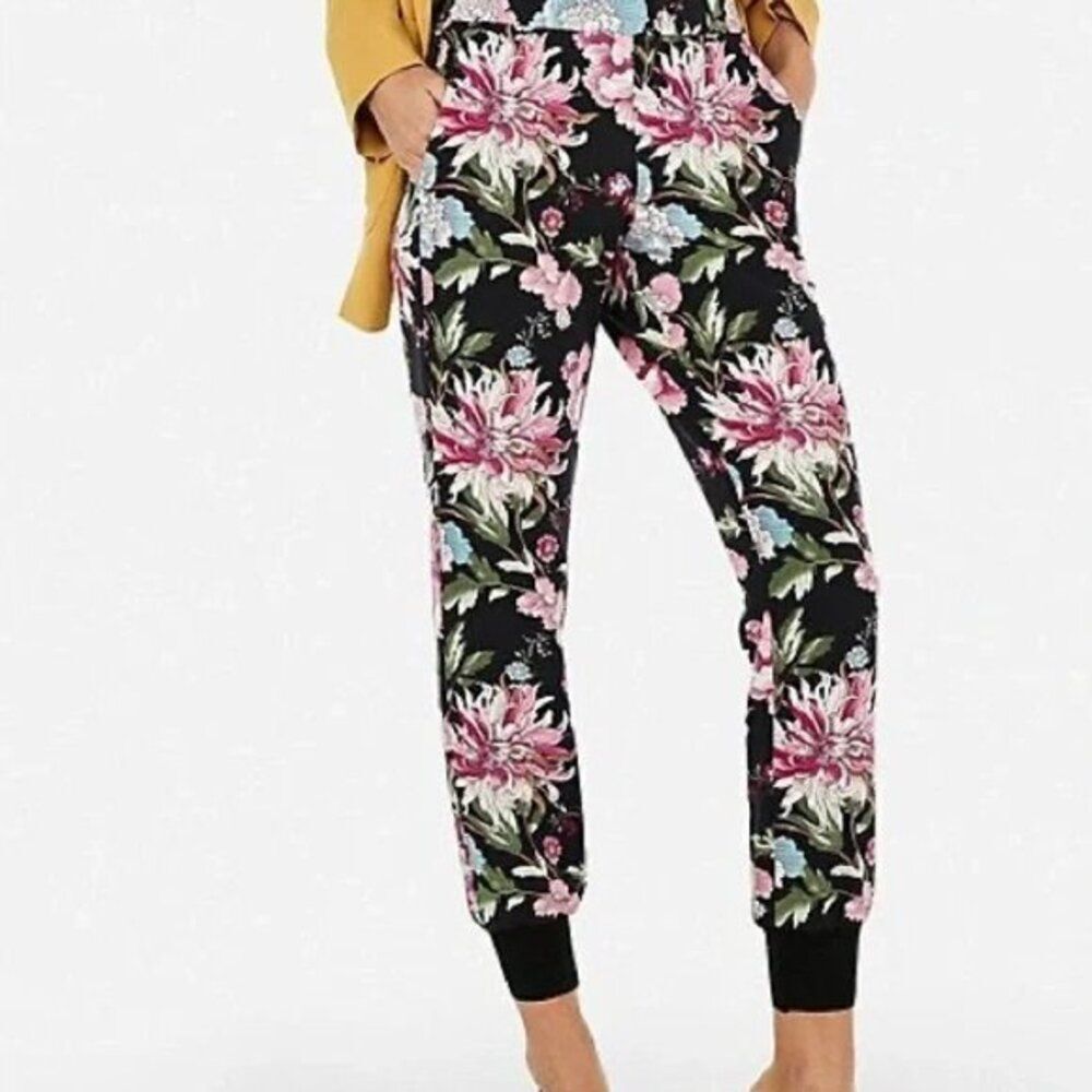Express Pink & Black Floral Print Ankle Jogger Pants Mid Rise Large NEW NWT
